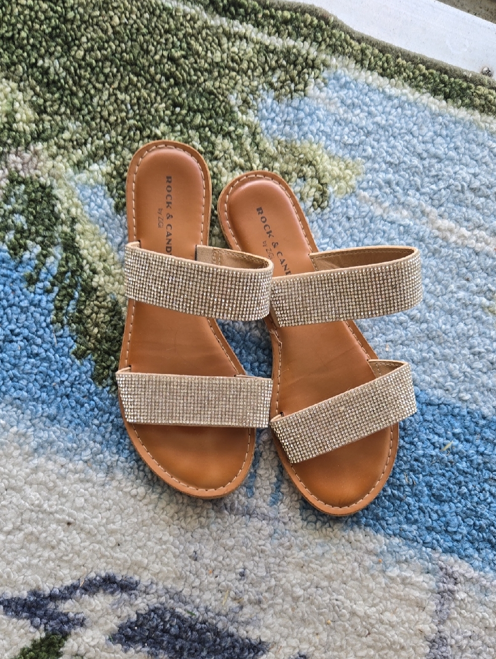 Rock & Candy Sparkling Tan Double-Strap Slide Sandals